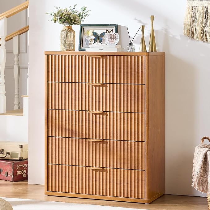 LEYAOYAO Fluted 5 Drawers Dresser for Bedroom, 41" Tall Modern Chest of Drawers with Metal Handle, Curved Profile Farmhouse Closet Organizer Wood Dressers TV Stand for Living Room, Hallway, Brown - Image 7
