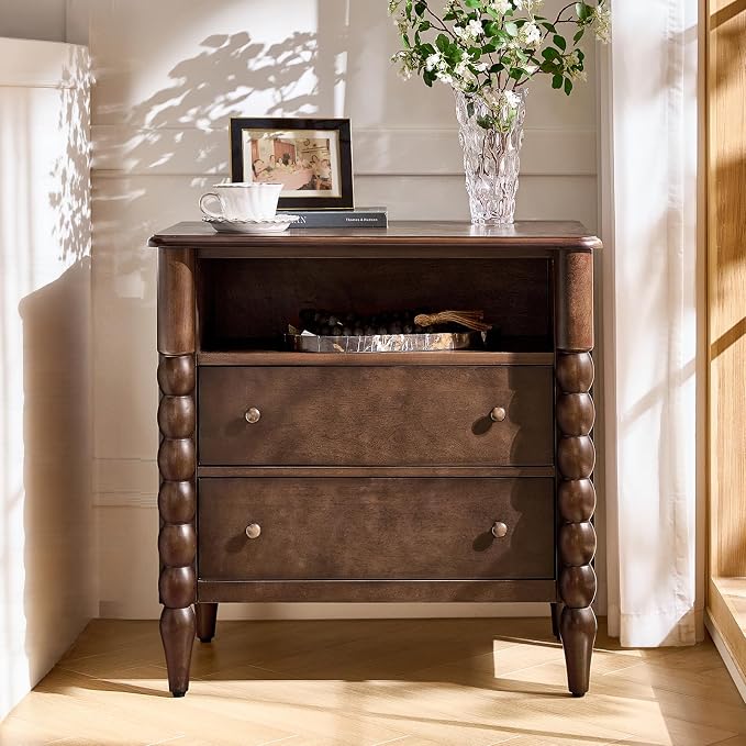 HULALA HOME Farmhouse Storage End Table with Spindle Columns, 2 Drawers and Open Shelf Side Table, Solid Wood Fluted Side Table with Charging Station, Walnut by HULALAHOME