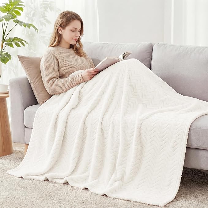 Exclusivo Mezcla King Blanket for Bed, Cozy Lightweight Fleece Blankets for All Season, Decorative Giftable Fuzzy Plush Wave Textured Suitable for Women, Men, Ivory, 90x104 Inches
