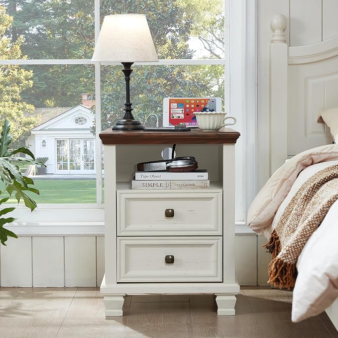 SAVOR LIFE Farmhouse Side Table with Charging Station, Antique Nightstands with Drawers, Bedside Table with Open Shelf for Bedroom, White - Image 6