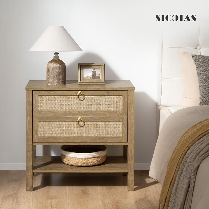 SICOTAS Night Stand with Drawers and Storage Shelf - Large Nightstands Rattan Decor Boho Bedside Table Narrow Side Table for Bedroom, Small Space - Image 3