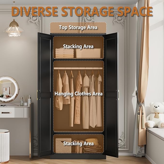 Polup Metal Armoire Wardrobe Closet with Hanging Rod, 71" Tall Wardrobe Cabinet for Clothes, Black Clothing Storage Cabinet with Doors and Shelves, Large Wardrobes for Bedroom, Office, School, Gym