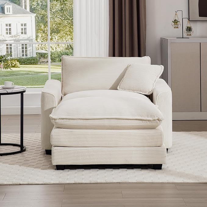 KEIKI 45" Oversized Corduroy Modular Sectional Single Sofa with 1 Ottoman, High-Density Foam Cushions, Removable Armrest, Upholstered 1-Seater Lounge Accent Chair with 1 Pillow, for Living Room, Beige