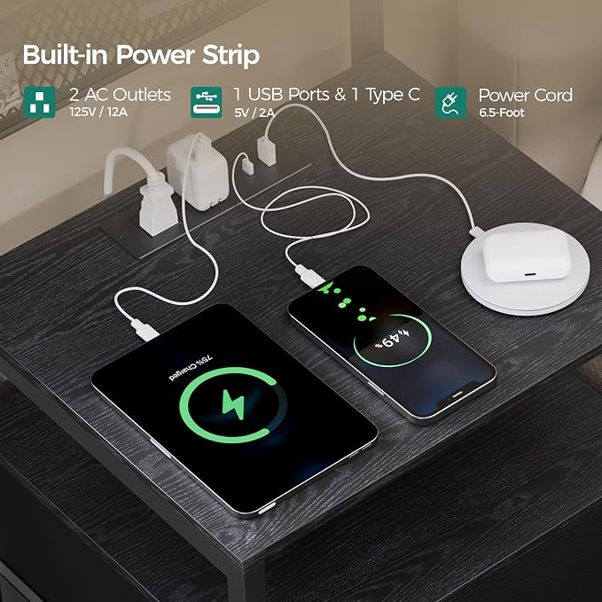 Tall Nightstand with Charging Station and LED Lights, Large Night Stands with 3 Fabric Drawers, Bedside Table with Storage Shelves and Hooks for Bedroom, Office, Dorm, Black - Image 6