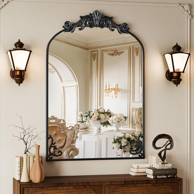 Koonmi Vintage Mirror, 24x36 Antique Barolon Bathroom Mirror for Wall,Flower Head, Shatter-Proof Tempered Glass, Arched Ornate Mirrors for Bedroom Bathroom Entryway Fireplace Hallway by KOONMI