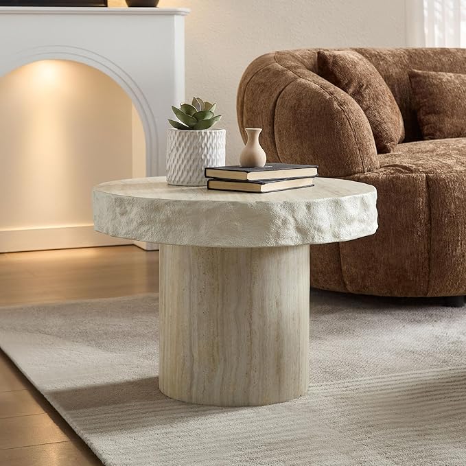 23.82" Round Side Table Small Coffee Table Faux Marble Pattern End Table Cement Stone Sofa Side Table for Living Room Apartment No Assembly