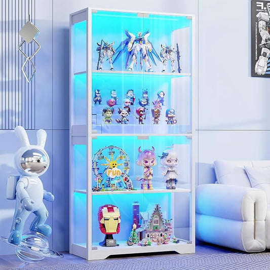 BROTTAR Display Cabinet with Glass Doors, 4-Tier Curio Cabinet with 3 Color Lights for Collectibles, Glass Display Case with Human Body Sensor, Bookcase with 4 Shelves, Storage Cabinets, White by BROTTAR