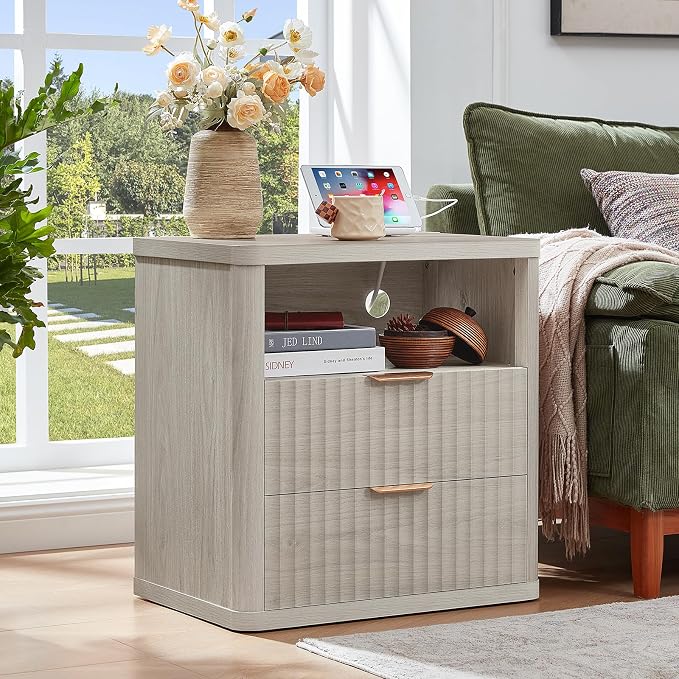 LEYAOYAO Fluted Farmhouse Nightstand Set of 2 with Charging Station, 23" Wide 2 Drawers Night Stand,LightGrey Dresser for Bedroom,Bed Side Table Chest of Drawers,Wood End Table for Living Room - Image 3
