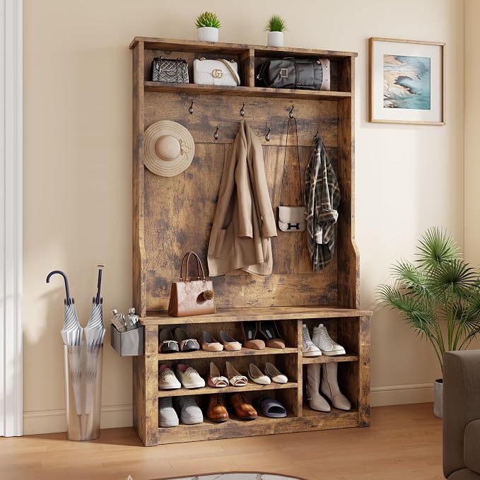 Aiho Entryway Hall Tree with Bench and Storage, 3-in-1 Hall Tree with Coat Rack, Adjustable Shoe Bench, 2-Tier top Storage, for Hallway, Entryway, Bedroom, Rustic Brown - Image 2