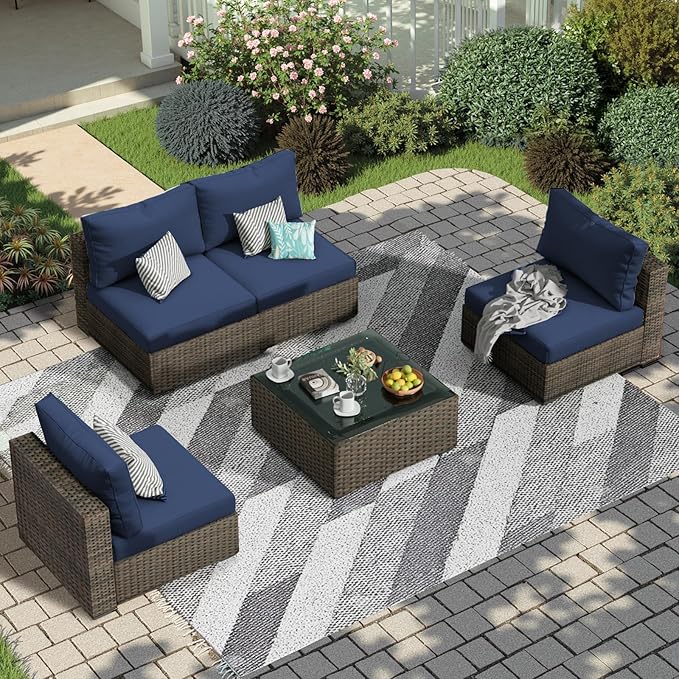 5 Piece Patio Furniture Set All Weather PE Rattan Outdoor Sectional Sofa Couch with No-Slip Cushions and Glass Top Table for Garden, Poolside, Backyard (Blue)