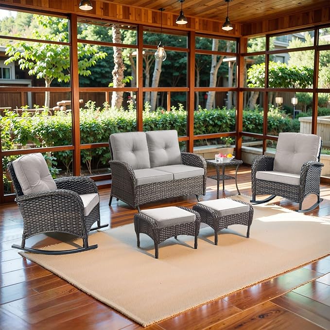 Belord 6 Pieces Outdoor Patio Furniture Set with Wicker Rocking Chairs, Rattan Patio Conversation Set with Glider Loveseat Ottomans and Side Table Brown/Beige