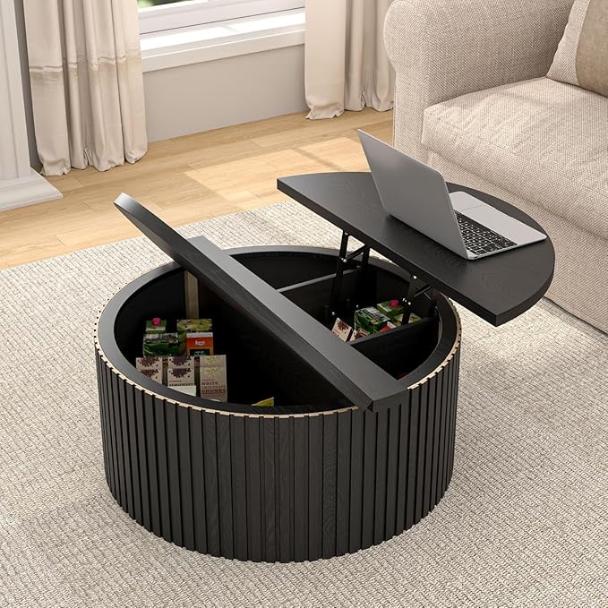 Fluted Lift Top Coffee Table with Hidden Storage, 31.6 Inch Round Coffee Tables for Living Room, Modern Circle Wood Center Tables for Home (Black)