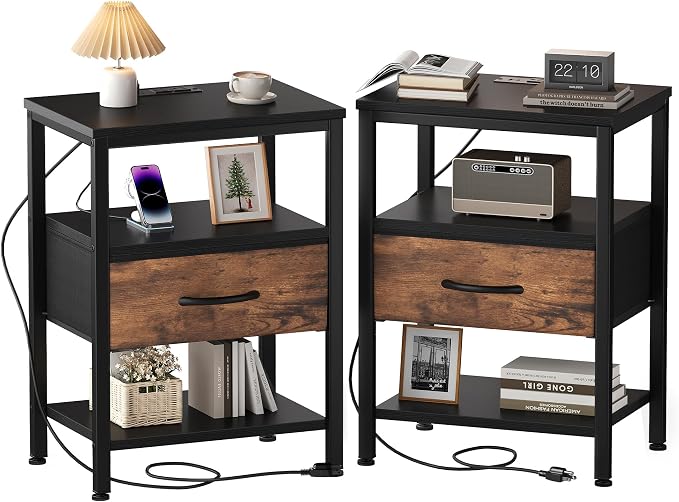 OLIXIS Nightstands Set of 2 with Charging Station, Bedside Tables with USB Ports and Fabric Drawer, Small Night Stand with Open Adjustable Shelf, Compact End Table for Bedroom, Rustic Brown by OLIXIS