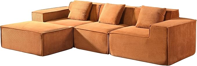Rowan Convertible Corduroy Sectional Couch with Ottoman & Pillows, Modular L Shaped Sleeper Sofa, Boneless Cloud Couch for Living Room Furniture, Red Orange