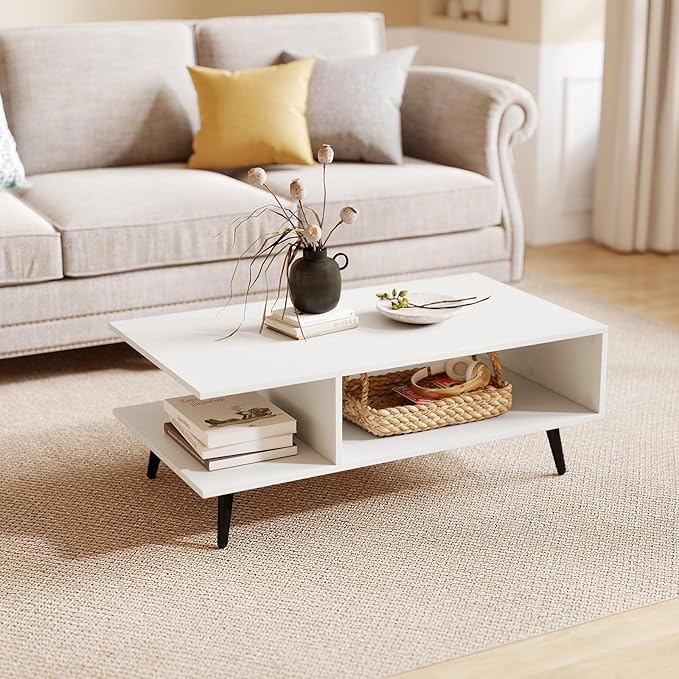 GOFLAME Wood Coffee Table, 2-Tier Mid Century Modern Center Table with 2 Open Storage Compartments & Metal Legs, Rectangular Accent Tea Tables for Living Room, Home Office, Apartment, White