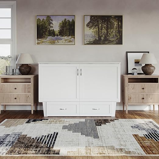 AFI, Chelsea Mid-Century Modern Queen Solid Wood Murphy Bed Chest with 6" Mattress, Storage Drawer & Built-in USB Charger, White