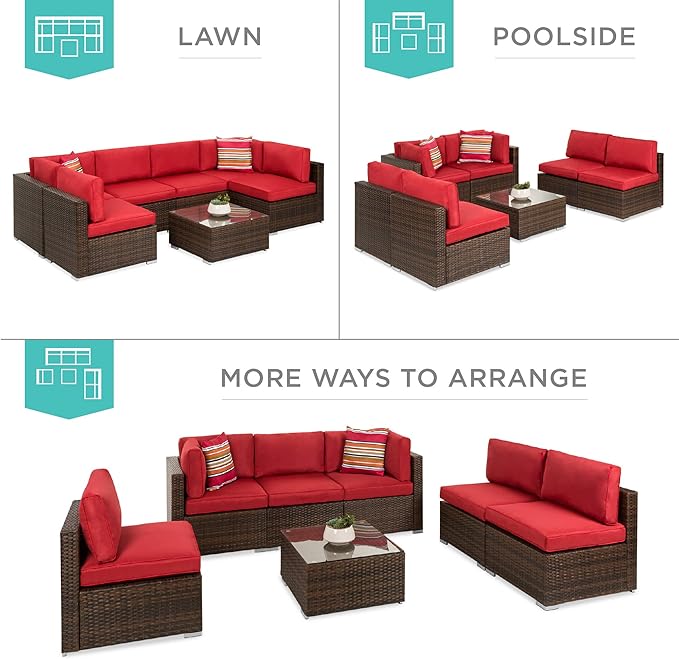 Best Choice Products 7-Piece Modular Outdoor Sectional Wicker Patio Conversation Set w/ 2 Pillows, Coffee Table, Cover Included - Brown/Red