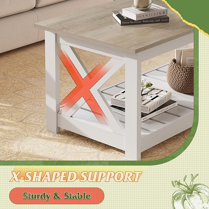 WLIVE Farmhouse Coffee Table for Living Room, 40.1" Rustic Center Table with X-Frame Support & Storage Shelf, 2-Tier Wood Coffee Tables for Bedroom & Balcony, White