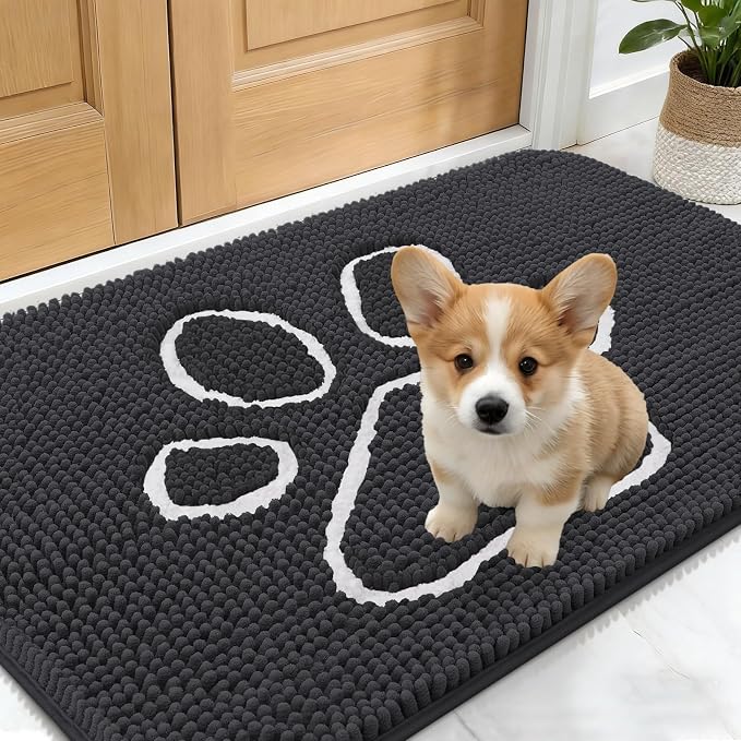 OLANLY Dog Door Mat for Muddy Paws 24x16, Paw Print Design, Absorbs Moisture and Dirt, Absorbent Non-Slip Washable Doormat, Quick Dry Chenille Mud Mat for Dogs, Entry Indoor Entryway Carpet, Dark Grey by OLANLY
