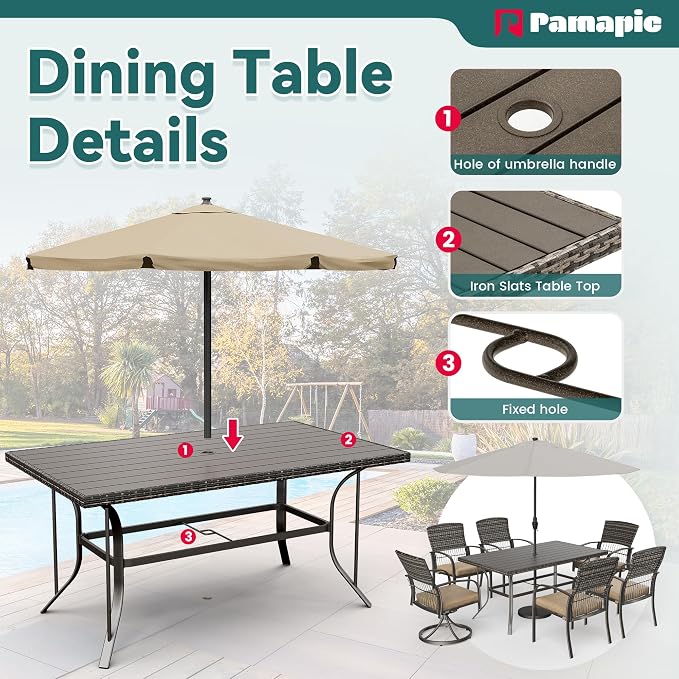 Pamapic 7-Piece Outdoor Dining Set with Swivel Rocker Chairs, Wicker Patio Furniture for 6, Poolside Garden Deck with Iron Table & Removable Cushions(Beige) - Image 7