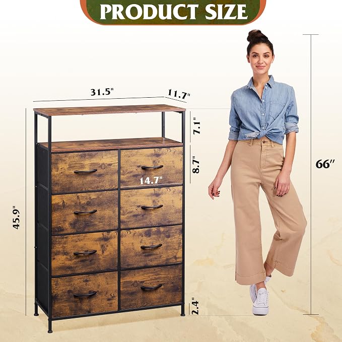 WLIVE Fabric Dresser for Bedroom with Open Shelves, Tall Dresser with 8 Drawers, Storage Tower with Fabric Bins, Chest of Drawers for Closet, Hallway, Rustic Brown Wood Grain Print - Image 3