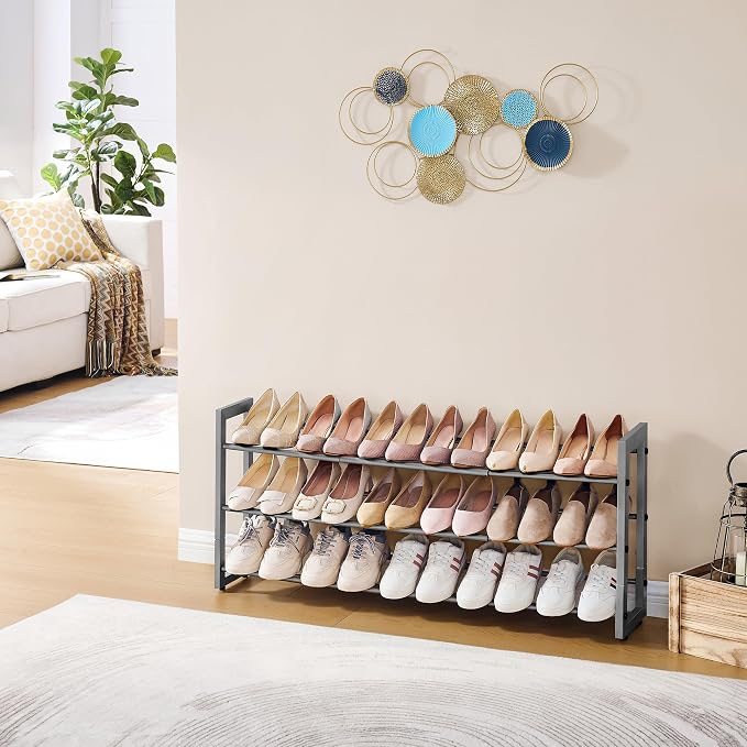 FAVOOSTY 3-Tier Expandable Shoe Rack, Adjustable Shoe Shelf Storage Organizer Space Saving Metal Free Standing Shoe Rack for Entryway Closet Doorway, Silver Grey - Image 2