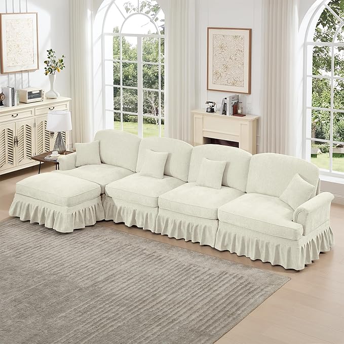 KEIKI Mid Century Modular Sofa with Flared Arms and Skirted Design, 137“ Oversized 4-Seater Luxury with Ottoman Chenille L-Shaped Sectional Couches for Living Room, Chaise Lounge Indoor, Beige White