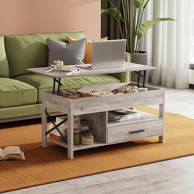WLIVE Coffee Table, 39" Lift Top Coffee Table with Hidden Compartment, Storage Drawers and Storage Shelf for Living Room, Reception Room, Grey