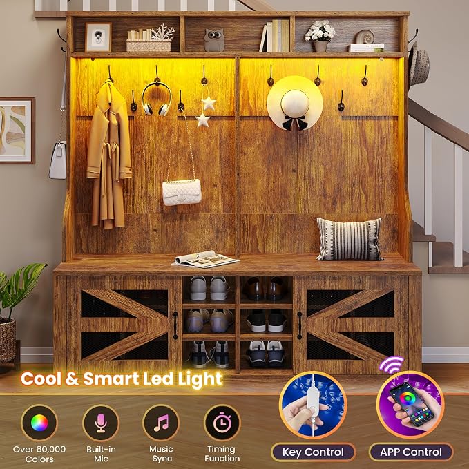 Itaar Hall Tree with Bench and Shoe Storage, 5-in-1 Entryway Bench with Coat Rack, 16 Shoe Cubbies & 12 Coat Hooks, Barn Door & Adjustable Shelf (Rustic Brown) - Image 8