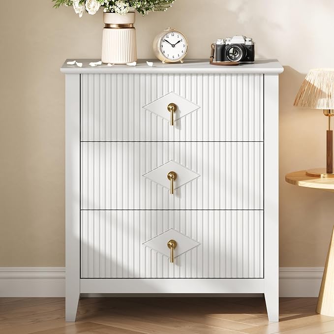 GarveeHome Wood Nightstand Fluted Dresser for Bedroom, 27.5" Wide 3-Drawer Bedside Tables, Modern Chest of Drawers, Storage End Table Living Room, Hallway, Entryway, White by GarveeHome