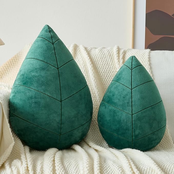 Leaf Pillow, Cute Decorative Throw Plant Pillow Aesthetic Decor Nature Pillow for Bed Couch, Leaves Shaped Pillow Perfect for Bedroom Living Room (Dark Green 2, 15 Inches)