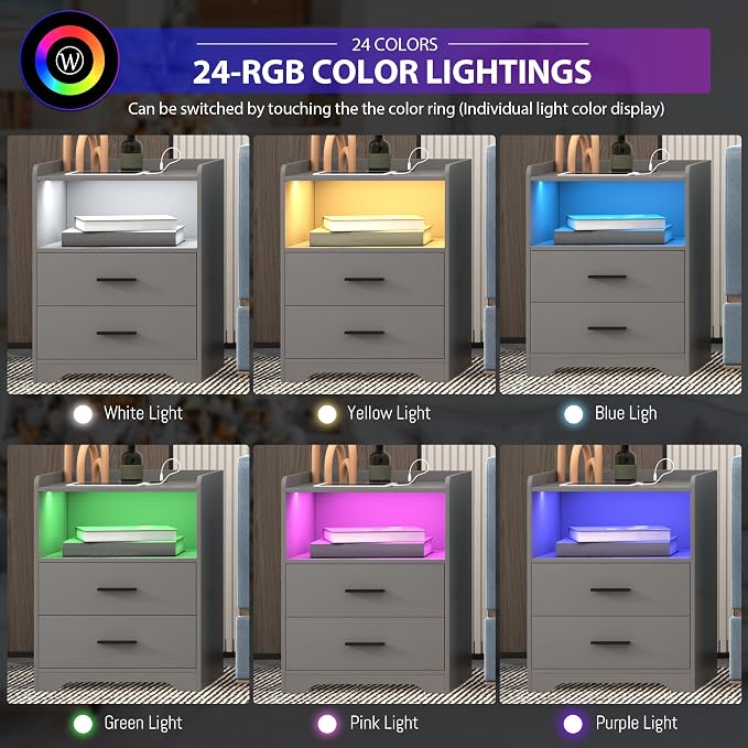 dnbss Grey Night Stand with Wireless Charging Station, Nightstand with 2 Drawers, Smart Bedside Table with 24-Color RGB Lighting, Modern LED Lighted Nightstand for Bedroom - Image 4