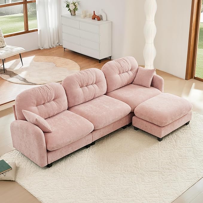 KEIKI 107" L-Shaped Oversized Chenille Modular Sectional Sofa with 1 Ottoman, High-Density Foam Cushions, Tufted Pleated Cushion Backrest, Modern 3-Seater Couch with 2 Pillow, for Living Room, Pink