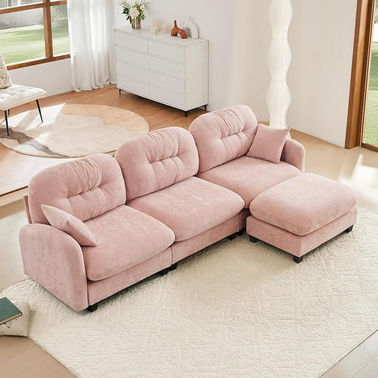 KEIKI 107" L-Shaped Oversized Chenille Modular Sectional Sofa with 1 Ottoman, High-Density Foam Cushions, Tufted Pleated Cushion Backrest, Modern 3-Seater Couch with 2 Pillow, for Living Room, Pink
