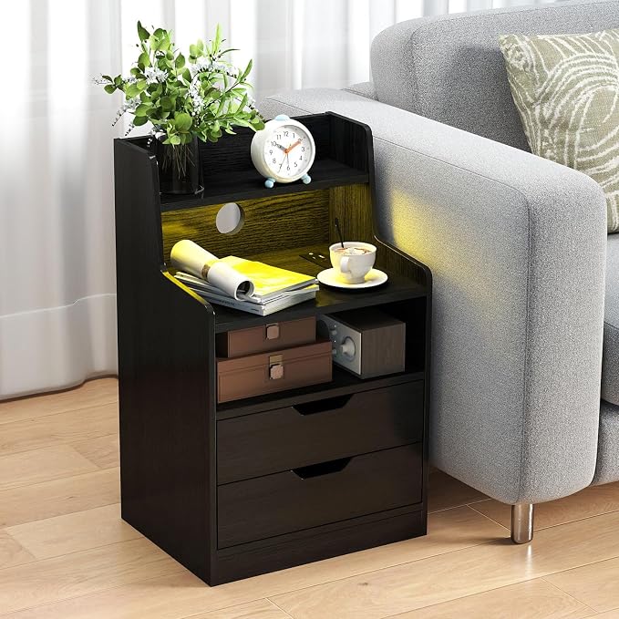 KOMFOTT Nightstand with Charging Station & LED Lights, Smart Night Stand with Hutch & Remote, Modern Side End Table with 2 Storage Drawers for Bedroom Dorm (Black,1) - Image 3
