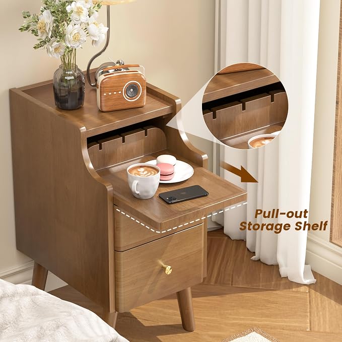 Narrow Nightstand Set of 2, Solid Wood Night Stand with 2 Drawers, Walnut Mid Century Modern Nightstand, Small Bedside Table with Open Storage Shelf for Bedroom (10 Inch) - Image 4