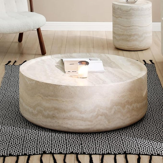 Round Coffee Table Modern Marble Grain Drum Coffee Table Circle Fiberglass Accent Center Table Modern Living Room Tea Table