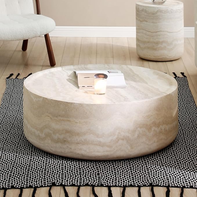 Round Coffee Table for Living Room, Modern Circle Coffee Table Faux Mars Pattern Center Table for Apartment, No Need Assembly (Marble, 31.49 Inch)