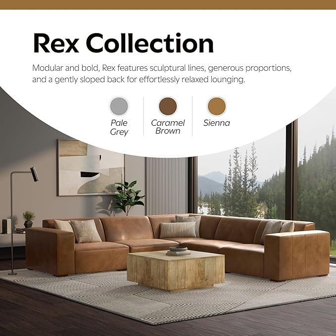 SIMPLIHOME Rex Center Sofa Module in Full-Grain Genuine Leather, Caramel Brown, 34-inches Wide, Handcrafted Modern-Style Armless Sofa or Armless Chair for Living Room and Family Room