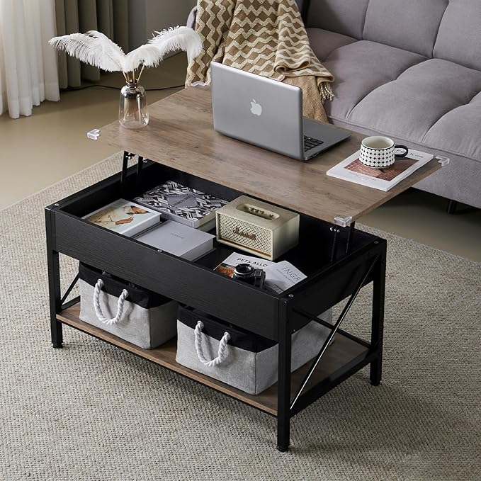 VINGLI 36" Lift Top Coffee Table with Free Cloth Storage Bins, Rustic Framhouse Grey Coffee Tables for Living Room, Small Modern Coffee Table for Small Space in Minimalistic Style, Gray