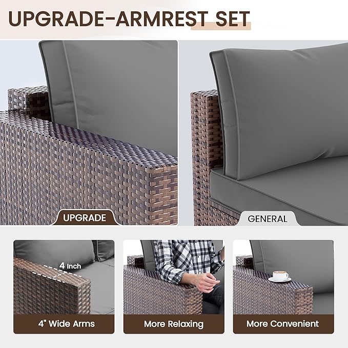 Patio Furniture Set,5 Piece Wide Armrest Outdoor Furniture Chair with 4" Thickened Cushion,Wicker Patio Conversation Sets with Waterproof Covers for Backyard, Porch(Grey)