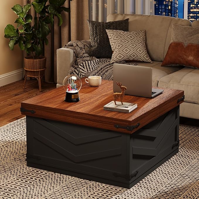 31.5'' Lift Top Coffee Table, Sliding Top Square Center Table with Large Hidden Storage Organizer, Multi-Functional Farmhouse Coffee Tables for Living Room, Bedroom, Home Office, Black