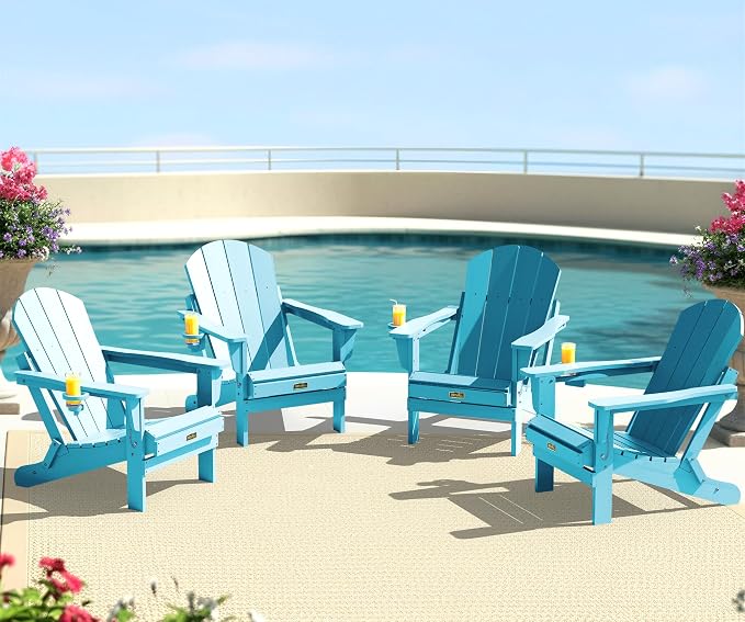 SERWALL Foldable Adirondack Chair Set of 4, Weather Resistant HIPS Patio Chairs with Cup Holder for Patio Garden Outdoors- Aruba Blue by SERWALL