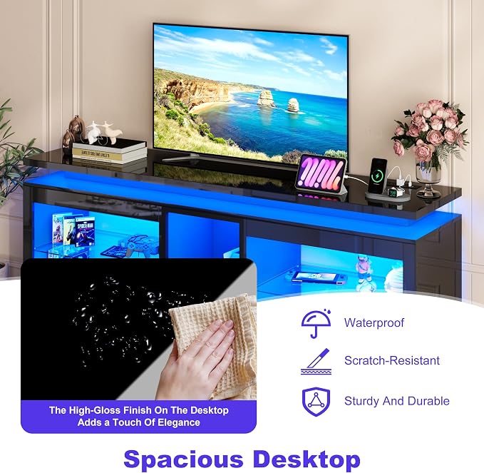 70" TV Stand W/LED Lights&Power Outlets,High Gloss Entertainment Center W/Color-Changing RGB LED Strip/Sound Sync,App/Remote Control For 70 80IN TV,Media Console Table for Home Living Room(Black) - Image 7