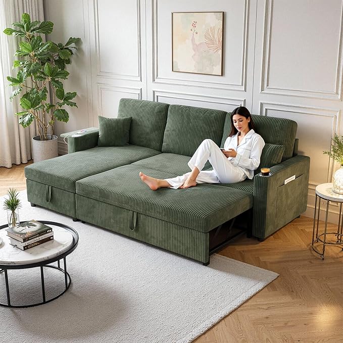 L-Shape Sleeper Sofa with Storage & Ports, Pull-Out Couch Bed with Cup Holders, Side Pockets & Side Table for Living Room, Apartment, Green
