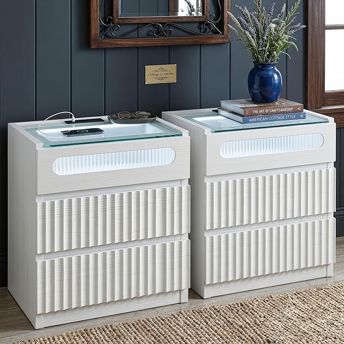 NightStand Set of 2 with Charging Station,with LED Lights and Tempered Glass Panel,Modern Bedside Tablewith 2 Fluted Drawers and One Glass Drawer,Hidden Handles End Table,Bedroom of Nightstand(White) by SENLIN
