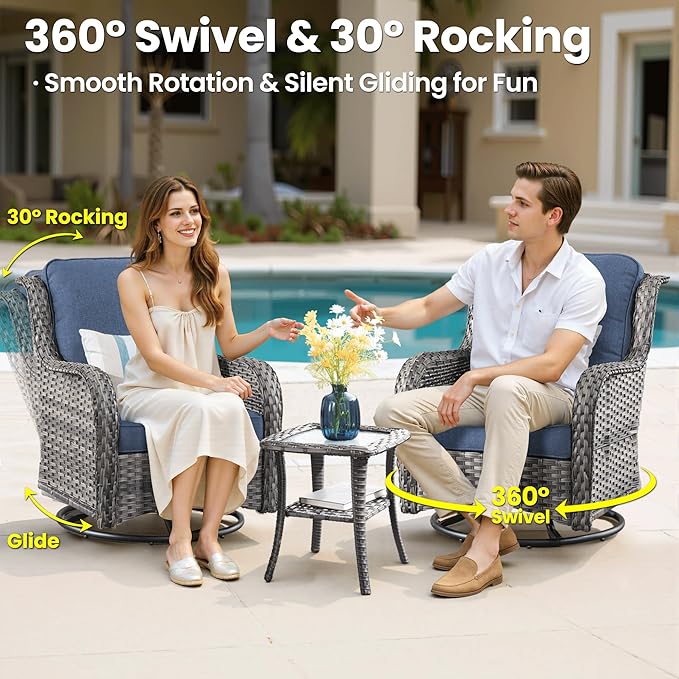 ovios 7-Piece Patio Furniture Set with Swivel Chairs Coffee Table, Outdoor Wicker Sofa with 42" Fire Pit Table, High Back Couch Modern Conversation Sets, Grey/Denim Blue