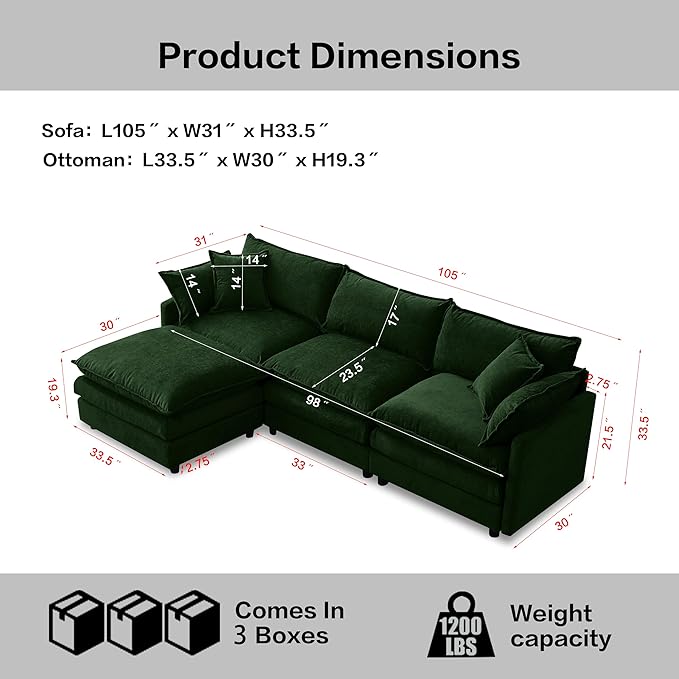 105" Oversized Modular Cloud Sectional Sofa Free Convertible L-Shaped Corner Sectional with Movable Ottoman, Chenille Upholstered Multiple Cushions Cloud Sofa Couches | Easy to Assemble