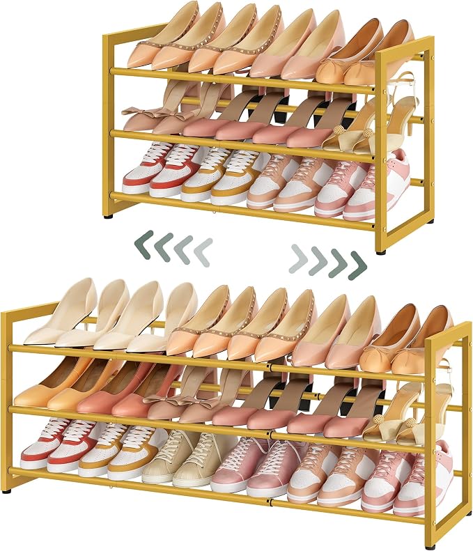 FAVOOSTY 3-Tier Expandable Shoe Rack, Adjustable Shoe Shelf Storage Organizer Space Saving Metal Free Standing Shoe Rack for Entryway Closet Doorway, Gold by FAVOOSTY
