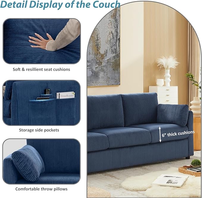 3 Pieces Corduroy Living Room Sofa Sets, Navy Blue Couch with Set of 2 Reading Armchairs, Comfy Pillows and Storage Pockets, Modern Living Room Furniture Sets for Apartment, Small Spaces